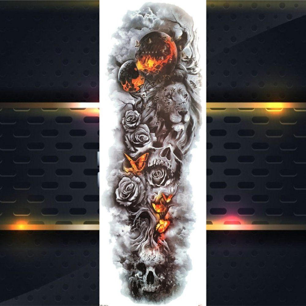 LION SKULL PATTERN 3D ARM SLEEVE TATTOO